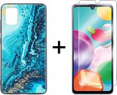 Samsung A41 Hoesje - Samsung Galaxy A41 Hoesje Marmer Donkerblauw Oceaan Print Siliconen Case - 1x Samsung A41 Screenprotector