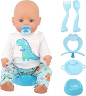 Poppenkleertjes- Geschikt voor Baby Born - Pyjama met accessoires - Shirt, broek, zitje, bord, speen, lepel, vork - Dino thema - Kledingset met 7 items