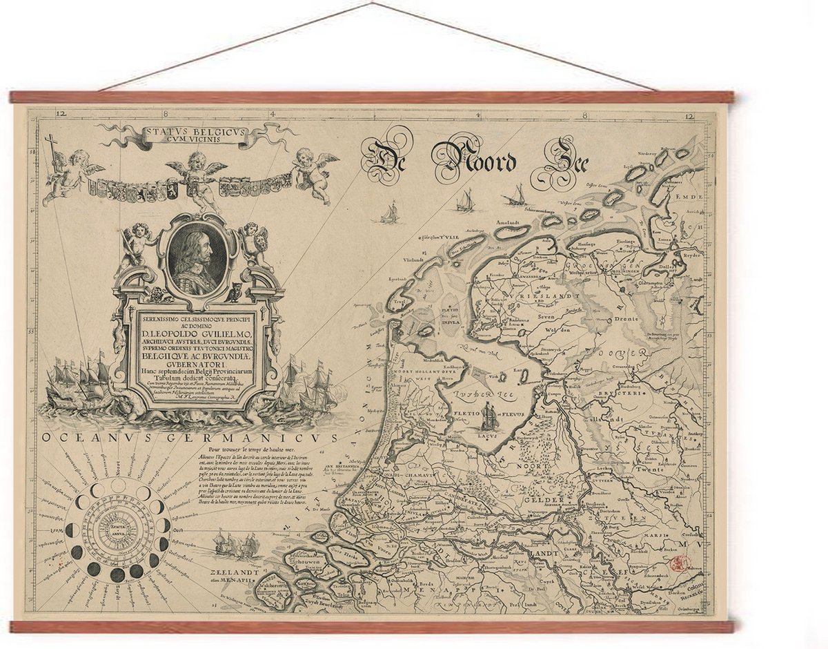 Esque Poster In Posterhanger - Historische Kaart Noordelijke Nederlanden - 50x70 cm - Kader Hout - Ophangsysteem - Vintage - Educatief