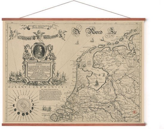 Poster In Posterhanger - Historische Kaart Noordelijke Nederlanden - 50x70 cm - Kader Hout - Ophangsysteem - Vintage - Educatief