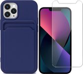 iPhone 12 Pro Max Hoesje Pasjeshouder Blauw - Siliconen Case Back Cover + Screenprotector Glas