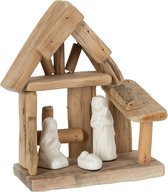 J-Line Kerststal Huis Hout/Keramiek Naturel/Wit Set van 2 stuks