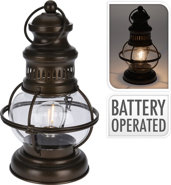 Lanterne tempête LED / LED du vent bronze antique sur piles 16,5 x 15,5 x  27 cm -... | bol