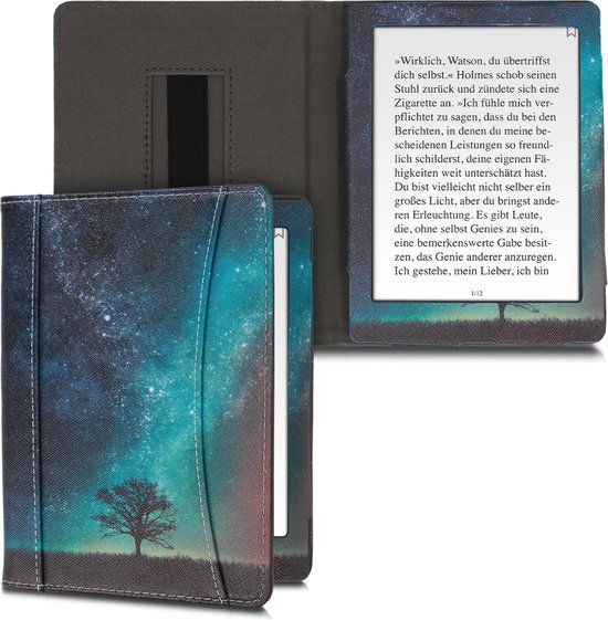 kwmobile flip cover geschikt voor Kobo Aura H2O Edition 2 - Hoes met handgreep en voorvak voor e-reader - Book case in blauw / grijs / zwart - Sterrenstelsel en Boom design van Merkloos — afbeelding 3