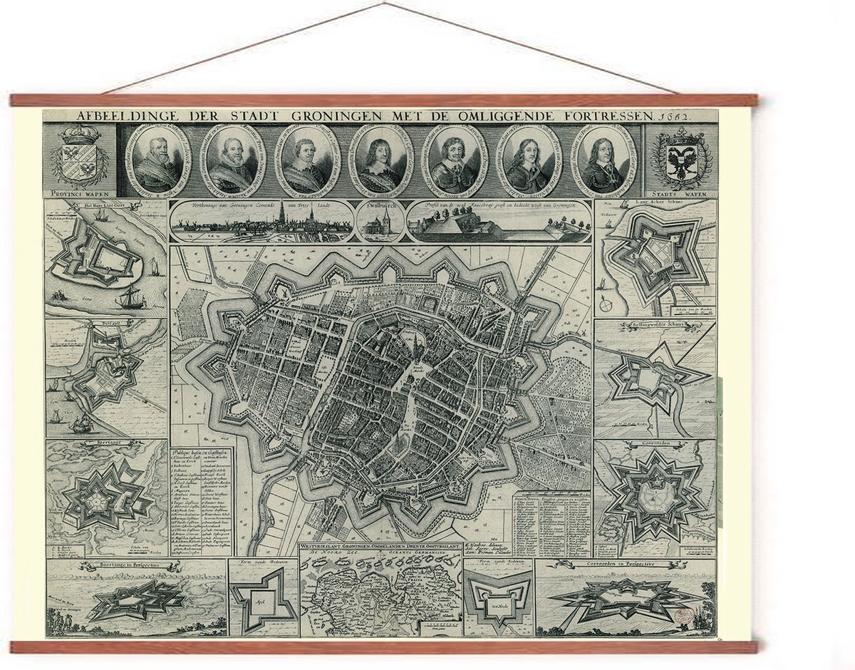 Esque Poster In Posterhanger - Historische Kaart Groningen - 50x70 cm - Kader Hout - Ophangsysteem - Oude Plattegrond