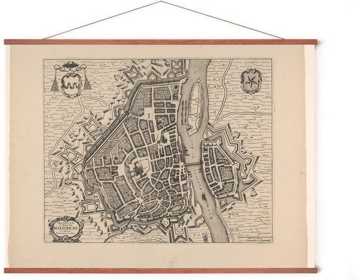 Esque Poster In Posterhanger - Historische Oude Kaart Maastricht - 50x70 cm - Kader Hout - Ophangsysteem - Vintage Plattegrond