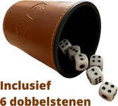 ESTARK Witte Dobbelstenen Met Werpbeker - Luxe dobbelstenen - Luxe Lederen Werpbeker - 6 x Dobbelsteen - Leer Bruin