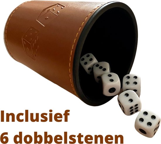 ESTARK Witte Dobbelstenen Met Werpbeker – Luxe dobbelstenen – Luxe Lederen Werpbeker – 6 x Dobbelsteen – Leer Bruin