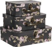 Clayre & Eef Decoratie koffer Set van 3 30x21x9/25x18x9/20x16x8 cm Zwart Karton Rechthoek Bloemen Opbergkoffer