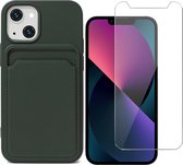 iPhone 13 Mini Hoesje Pasjeshouder Groen - Siliconen Case Back Cover + Screenprotector Glas