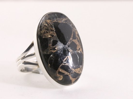 Grote ovale zilveren ring met zwarte koperturkoois - maat 19.5
