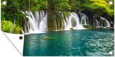 Tuinposter De groene natuur boven de watervallen in het Thaise nationaal park Erawan - 60x30 cm - Tuindoek - Buitenposter