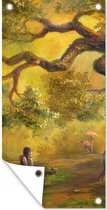 Tuinposter Een illustratie van een persoon in het bos - 40x80 cm - Wanddecoratie Buiten - Tuinposter - Tuindoek - Schuttingposter - Tuinschilderij