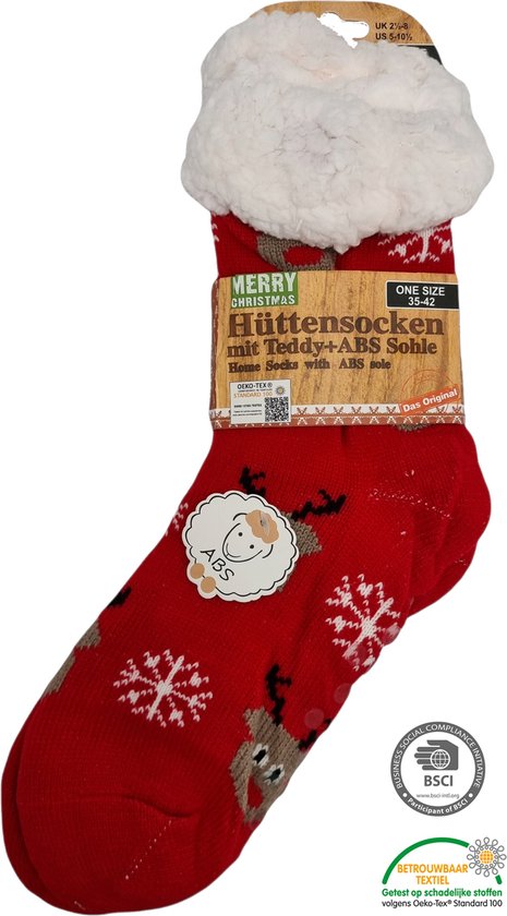 Antonio Huissokken - Huissokken Kerst Rendier - Rood - Dames - Antislip ABS - One Size (35-42) - Hüttensocken - Warme Sokken - Warme Huissok - Kerstcadeau voor vrouwen