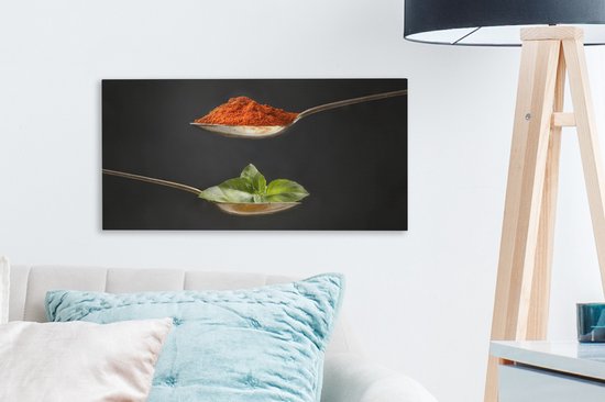 Canvas schilderij 40x20 cm - Wanddecoratie Kruiden - Lepel - Specerijen - Zwart - Italiaans - Muurdecoratie accessoires - Keuken decoratie muur - Schilderijen op canvas