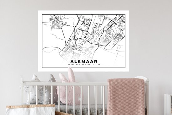 Stickers muraux - Plan de la ville - Alkmaar - Zwart - Wit - 90x60 cm - Feuille adhésive - Carte