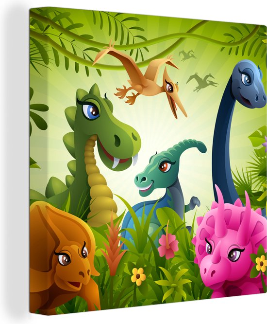 Canvas Schilderij Dinosaurus - Dieren - Jungle - Illustratie - Baby- Jongens - Meisjes - Kids - 20x20 cm - Wanddecoratie