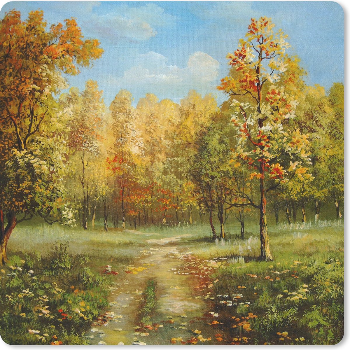 Muismat 30x30 cm - Mousepad Een illustratie van herfstachtige bomen in een bos - Muismatten