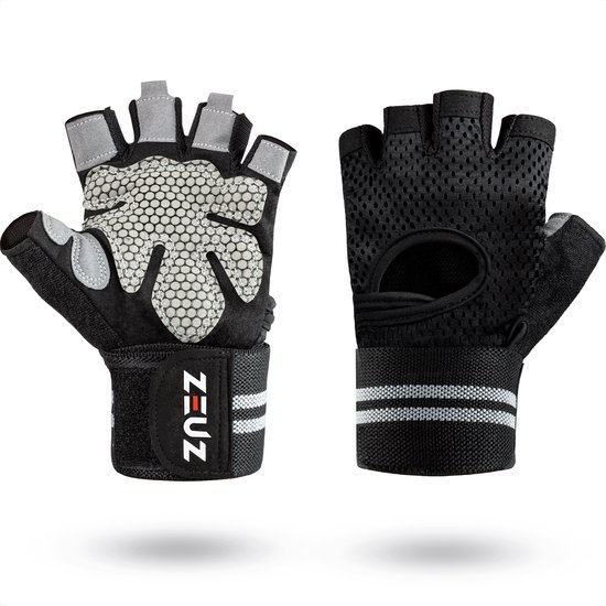 4. ZEUZ® Sport & Fitness Handschoenen Heren & Dames Krachttraining Crossfit Grijs & Zwart
