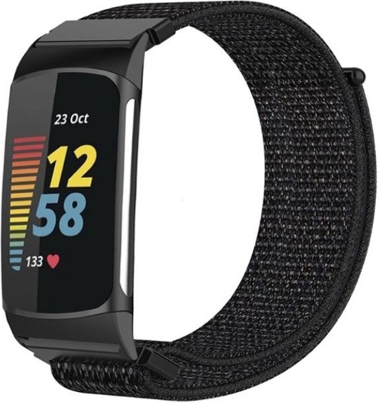 Nylon Smartwatch bandje - Geschikt voor Fitbit Charge 5 / Fitbit Charge 6 nylon bandje - zwart - Strap-it Horlogeband / Polsband / Armband