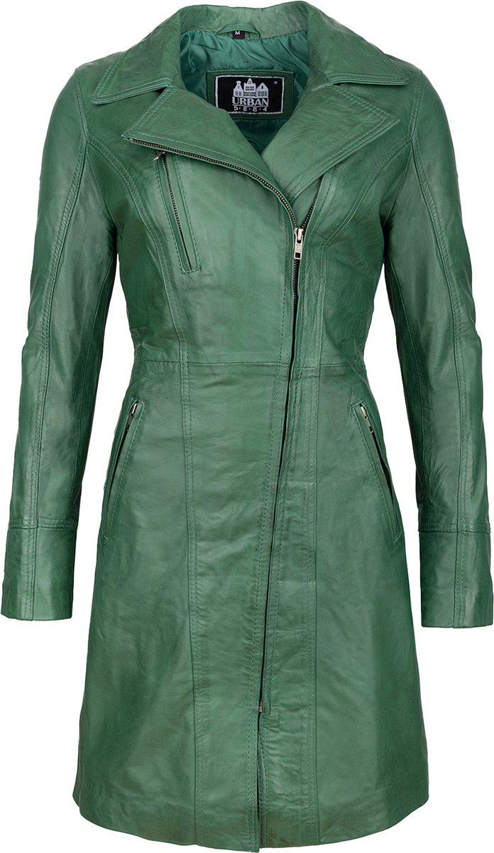 Urban 5884® - Janice - Dames - Lange Leren Jas - Lamsleer - Schuine ritssluiting - Groen - Maat 6XL