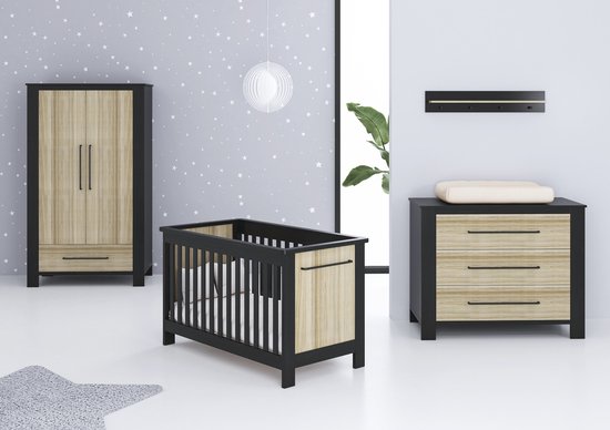 Product: Cabino Babykamer Oxford - Babybed & Commode & Kledingkast - Verstelbare bodem - Zwart/Eiken, van het merk cabino