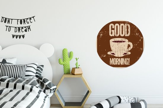 WallCircle - Muurstickers - Behangcirkel - Koffie - Good morning! - Retro - Spreuken - Quotes - 80x80 cm - Muurcirkel - Zelfklevend - Ronde Behangsticker