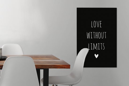 Tableau sur toile Citation anglaise Amour sans limites avec un coeur fond noir - 60x90 cm - Décoration murale