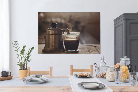 Une petite cafetière avec deux tasses de café en toile 140x90 cm - Tirage photo sur toile (Décoration murale salon / chambre)