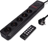 kwmobile verlengsnoer met 5 stopcontacten - Met afstandbediening, schakelaar en overspanningsbeveiliging - 2m kabel - Zwart