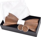 DWIH - houten Vlinderdas de Luxe - Vlinderstrik van hout - houten manchetknopen -Pochette - Wit