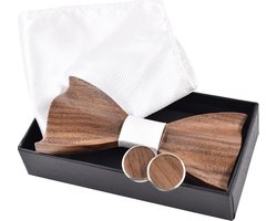 DWIH - houten Vlinderdas de Luxe - Vlinderstrik van hout - houten manchetknopen -Pochette - Wit