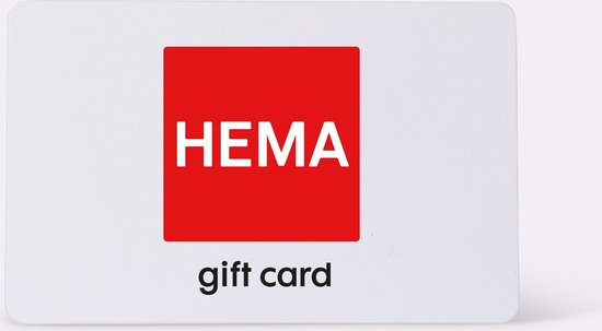 Witte HEMA cadeaubon met een rood vierkant logo met HEMA in witte letters. Daaronder staat 'gift card'.