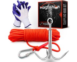 Magfishion Vismagneet Haak - Medior Vismagneten Dreghaak - Magneetvissen Accessoire - Werphaak + 10 Meter Lang Touw met Karabijnhaak - Handschoenen - Outdoor