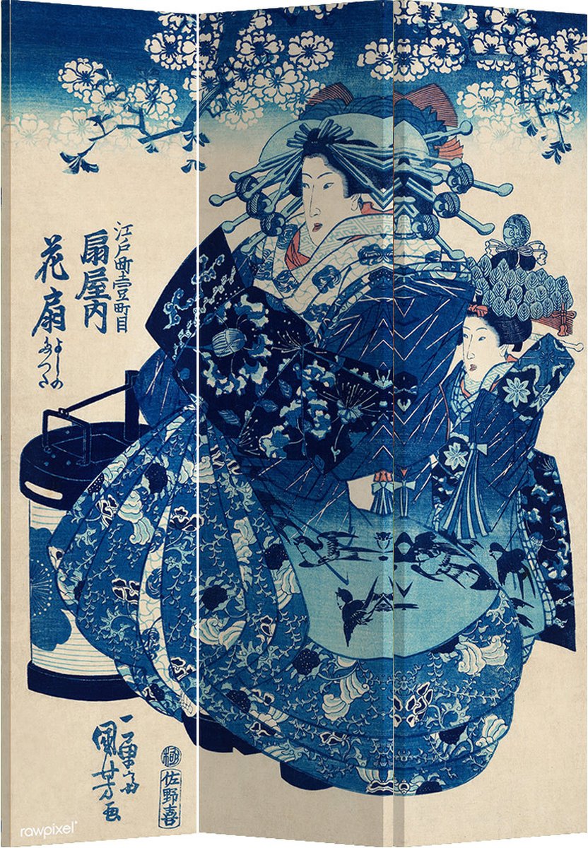 Fine Asianliving Kamerscherm Scheidingswand B120xH180cm 3 Panelen Japanse Keizerin Blauw, Multicolour