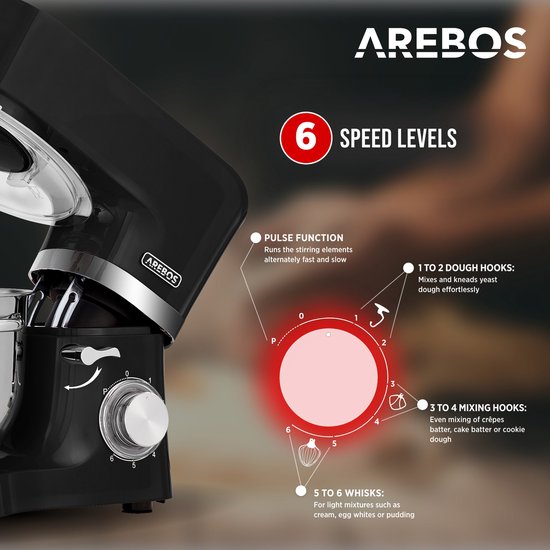 AREBOS Keukenmachine - 1500W - Keukenrobot - 5,5L&4,5L - Keukenmixer - Foodprocessor - Roestvrij Stalen Mengkom - 6 Snelheden - Zwart van AREBOS — afbeelding 5