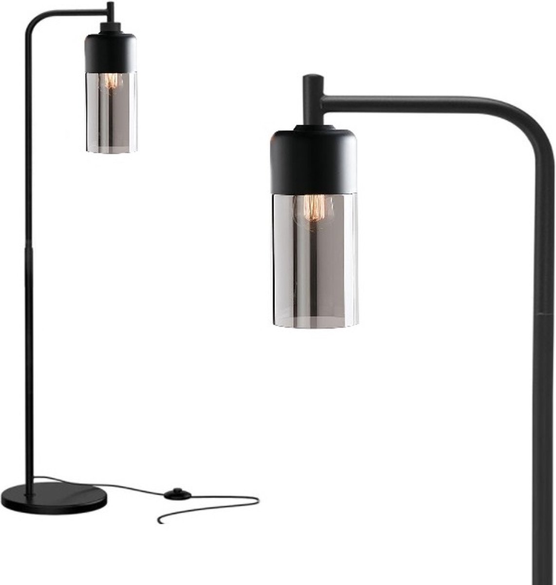 ByMus - Vloerlamp - Zwart - Glas - Smoke - Industrieel - E27 fitting - 168cm - Staande lamp - Industriële vloerlamp