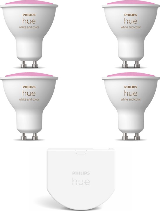 Philips Hue Uitbreidingspakket White and Color Ambiance GU10 - 4 Hue Lampen en Wall Switch - Wit en Gekleurd Licht - Dimbaar