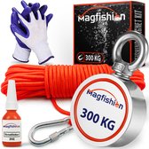 Magfishion Dubbelzijdige Magneetvissen Set - 300 KG - Vismagneet - 20 Meter Lang Touw + Karabijnhaak met Schroefsluiting - Handschoenen - Borgmiddel - Magneetvissen Starterspakket - Magneet V