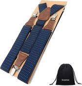 Luxe chique bretels – blauw met witte stip design – Sorprese – 3 extra stevige clips – met bruin leer – heren