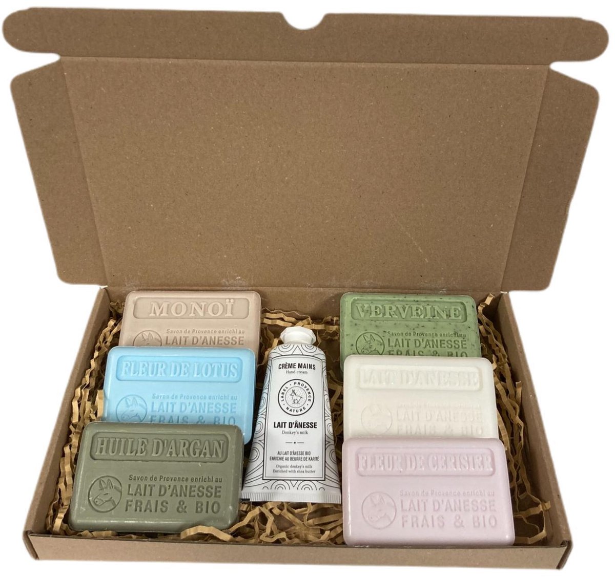Goedkoopste Zeep brievenbus cadeau ezelinnenmelk zeep met handcreme - Monoi - Fleur de lotus - Huile d'argan - Verveine - Ezelsmelk- Kersenbloesem