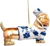 kerstbal hond - Kersthanger - Teckel -Porselein  - goud - 13cm
