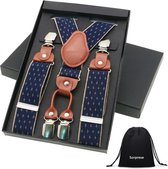 Luxe chique bretels - Donkerblauw diamond design - Sorprese - midden bruin leer - 4 stevige clips - heren - unisex - Cadeau