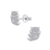 Joy|S - Zilveren kat poes oorbellen - 8 mm - kitten grijs