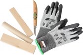 handschoenen, houtmes, balken en staaf
