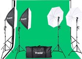 Travor fotostudio lampenset – greenscreen en paraplu set – 2x softbox – 2x paraplu – 3 verschillende kleuren doek – inclusief lampen