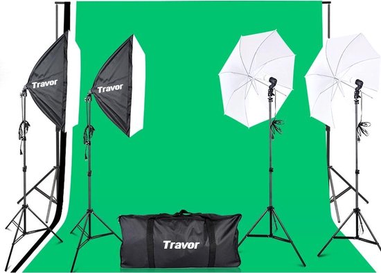 Travor fotostudio lampenset – greenscreen en paraplu set – 2x softbox – 2x  paraplu – 3... | bol.com