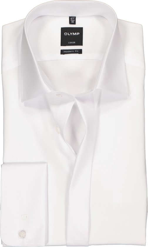OLYMP Luxor modern fit overhemd - smoking overhemd - wit - gladde stof met Kent kraag - Strijkvrij - Boordmaat: