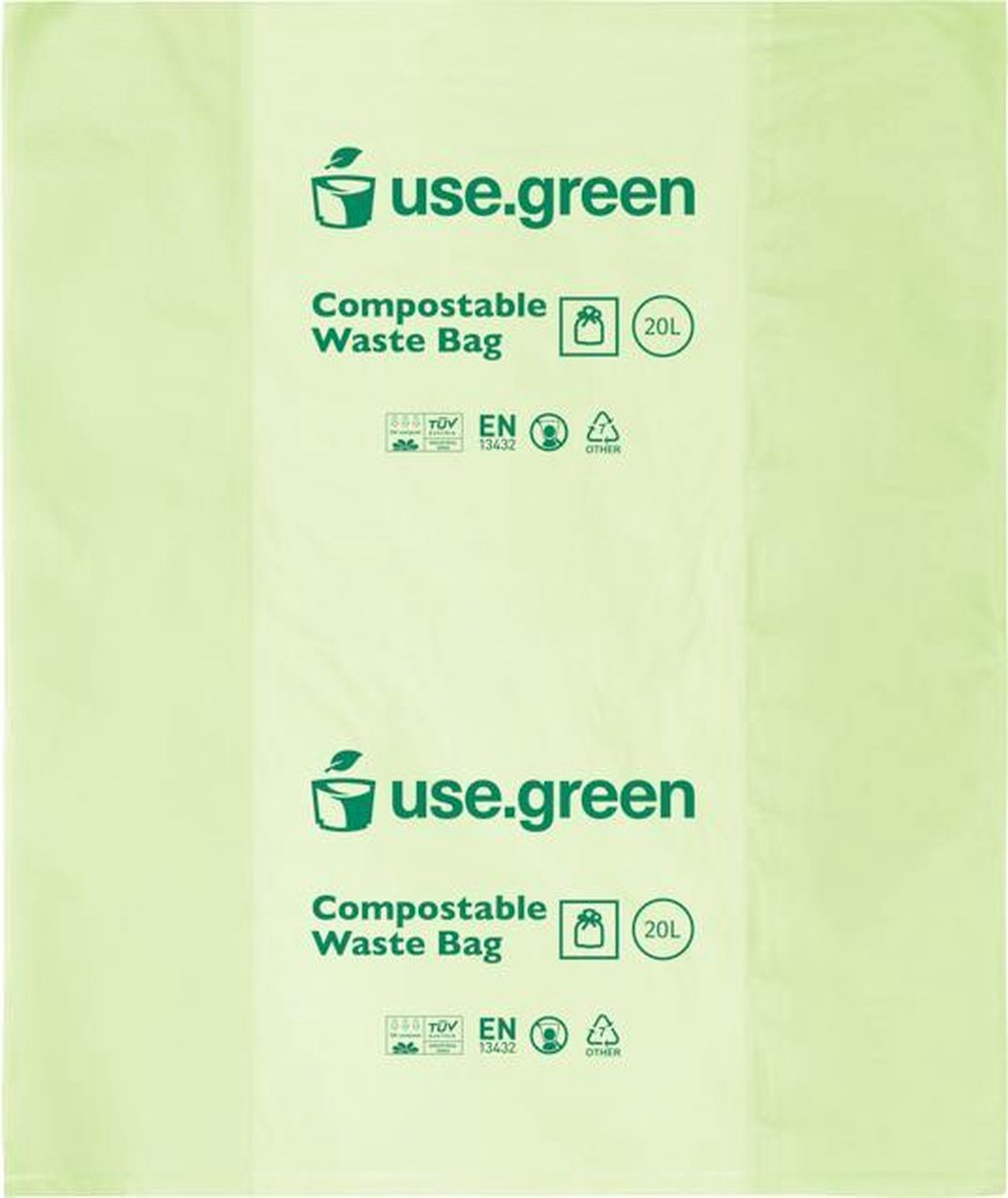 Use.green PLA Afvalzak op rol, 100% composteerbaar , Disposable, wegwerp artikel, eenmalig gebruik, Transparant, lichtgroen, extra sterk, Small, 20L - 40 stuks