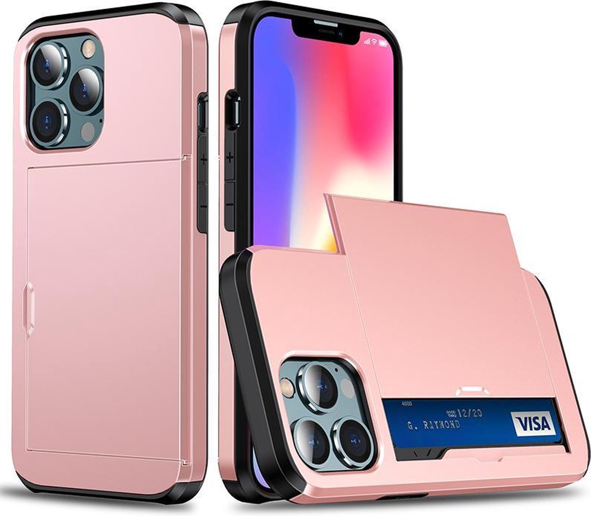 iPhone 13 Case, iPhone 13 Pro Max Case, Shockproof, Full Body Protection, Slider Cover Credit Card Slot, iPhone Wallet Phone Case (iPhone 13 Pro Max, Rose-Gold)